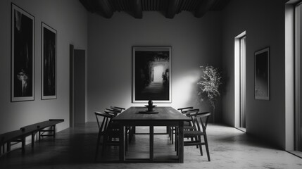 A black and white photograph of a traditional dining room with wooden furniture and decorative items