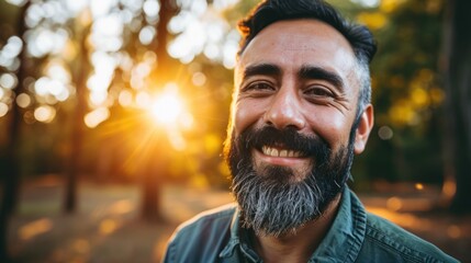 A person with a beard is smiling directly at the camera