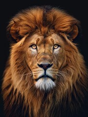 Naklejka premium Close Up Portrait of a Male Lion With a Full Mane Against a Black Background