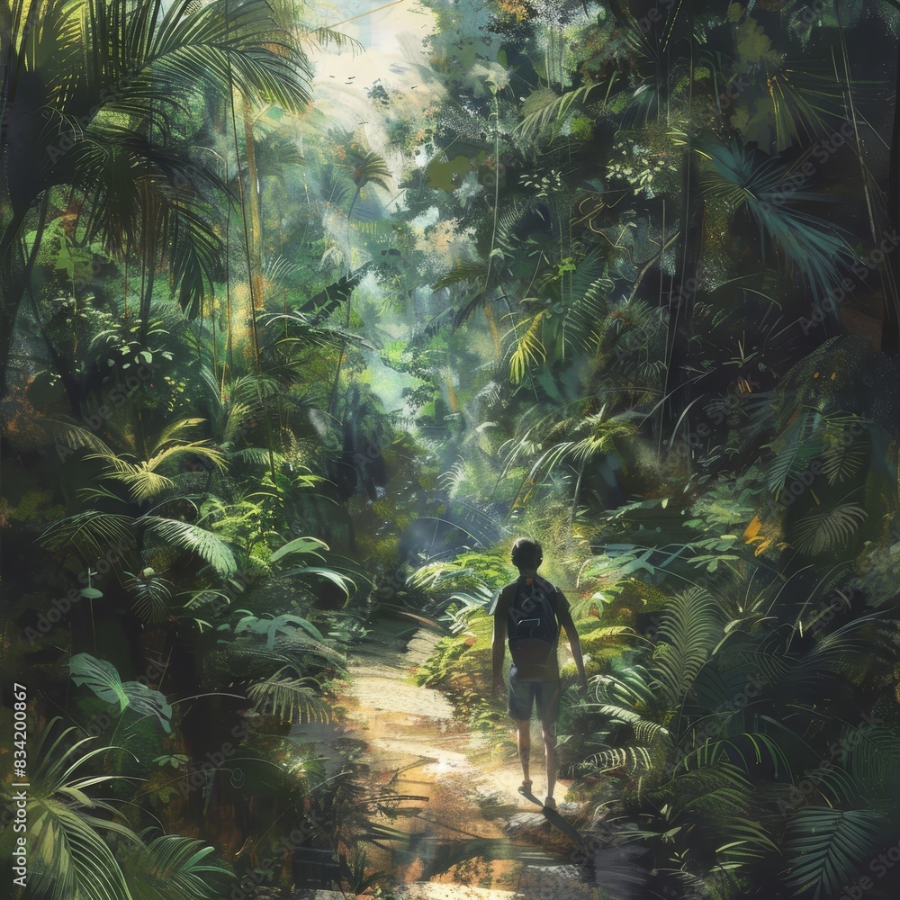 Poster walking through a lush rainforest with vibrant greenery and dappled sunlight filtering through the t