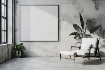 Empty wooden frame mock up on a white wall with a modern chair, plant and window from left. Scandinavian home minimalist interior design concept for design and print