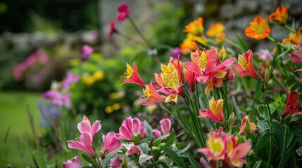 Obraz premium Alstroemeria Apollo with Summer Flowers in a Country Cottage Garden in Rural Devon