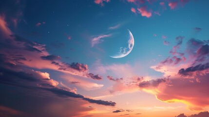 Crescent moon illuminating twilight sky with scattered clouds in tranquil evening scene