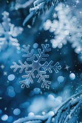 Close-up of a delicate snowflake clinging to a tree branch, often used in winter or holiday themed designs