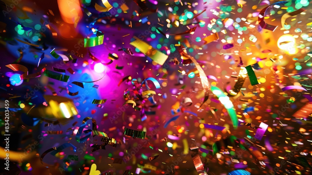 Wall mural Close-up of colorful confetti at a disco. In dim warm and colorful light