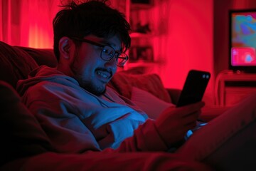 Fototapeta premium A person sitting on a couch looking at their smartphone