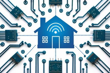 Tech-centric security ecosystem with connected devices and centralized control, illustrating cyber protection.