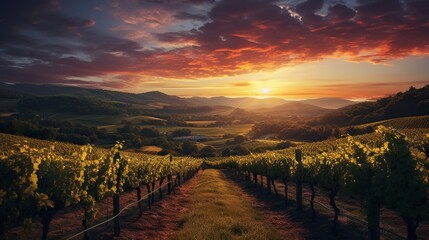 A picturesque sunset over a vineyard, with rows of grapevines glowing in the warm light,  