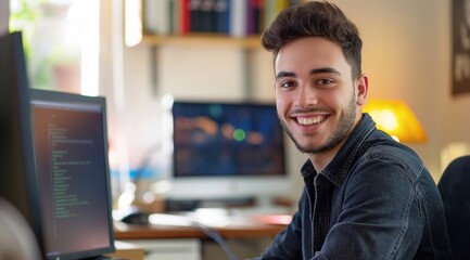 Fototapeta premium A smiling young man sitting at his desk working on a computer. Behind his we see a home office space. generative AI
