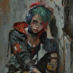A young woman with vibrant green and red hair wears headphones while sitting against a grungy wall in a creative urban setting