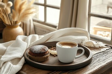A cup of coffee and a muffin on a tray, perfect for breakfast or brunch
