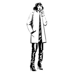 Asian woman speaking on her mobile phone, full body holding the phone to her ear, hand drawn fashion illustration.