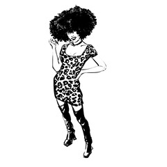 A black girl with big afro hair dressed for a night on the town in leopard print dress and chunky heel thigh high boots, full body fashion illustration