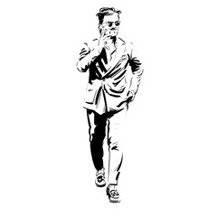 A gentleman is walking while speaking on his mobile phone, one hand in his pocket, wearing a smart suit, hand drawn fashion sketch.