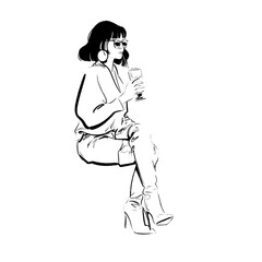 An Asian looking woman is having a sip from her sorbet ice cream with a straw. Cold beverage, cocktail. She is drressed in jeans, sweater and high boots, minimalist fashion illustration