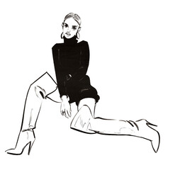 A pretty young woman is sitting with her legs apart, dressed in a little black dress and light thigh high boots, elegant, minimalist drawing