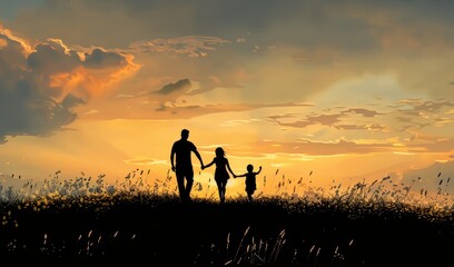 Family Walking Hand in Hand at Sunset in a Beautiful Meadow with Golden Clouds
