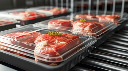 Close-up shot of a tray of meat on a conveyor belt, suitable for use in food-related contexts such as restaurants or supermarkets