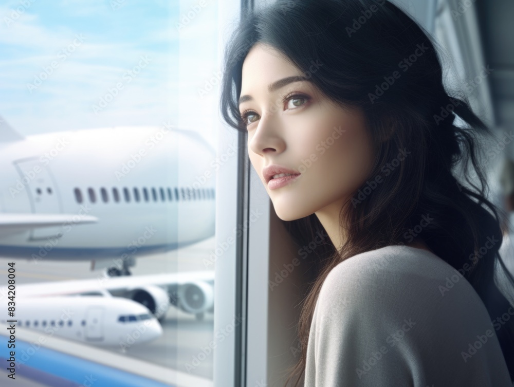 Poster a person standing near a window watching an airplane in flight, suitable for use in editorial or tra