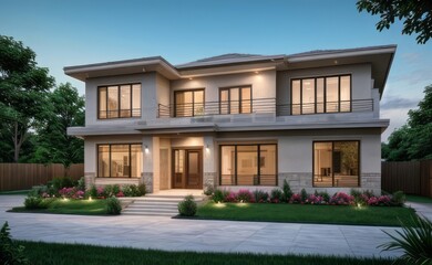 Fototapeta premium A Contemporary Dwelling with Stylish Architecture, Beautiful Exterior Design, and a Serene Garden Setting. Perfect Family Home in a Residential Neighborhood, Featuring Thoughtful Construction 