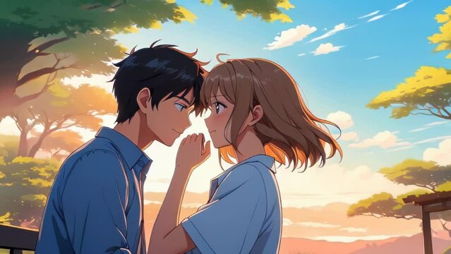 Anime couple gazing at each other during sunset