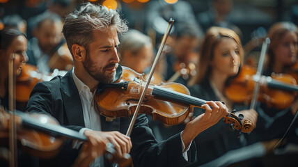 Fototapeta premium Symphony musicians playing on stage,generative ai