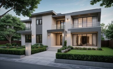 Fototapeta premium A Contemporary Dwelling with Stylish Architecture, Beautiful Exterior Design, and a Serene Garden Setting. Perfect Family Home in a Residential Neighborhood, Featuring Thoughtful Construction 