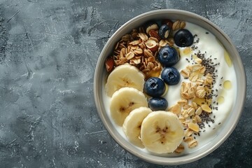 A colorful bowl filled with yogurt, sliced bananas, and fresh blueberries