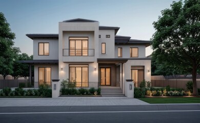 Obraz premium A Contemporary Dwelling with Stylish Architecture, Beautiful Exterior Design, and a Serene Garden Setting. Perfect Family Home in a Residential Neighborhood, Featuring Thoughtful Construction 