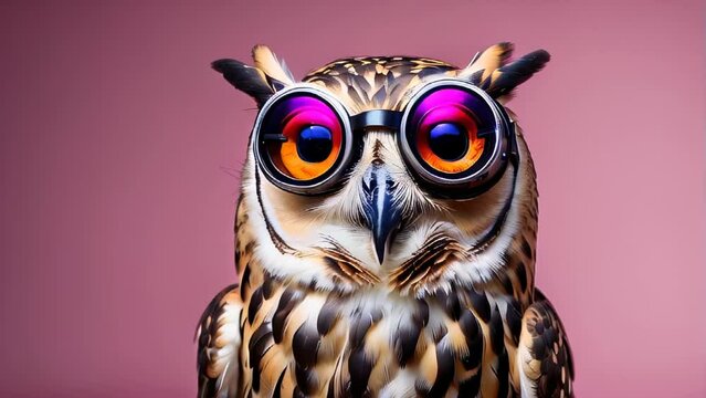 A close-up shot of an owl wearing goggles or sunglasses, with a pink background