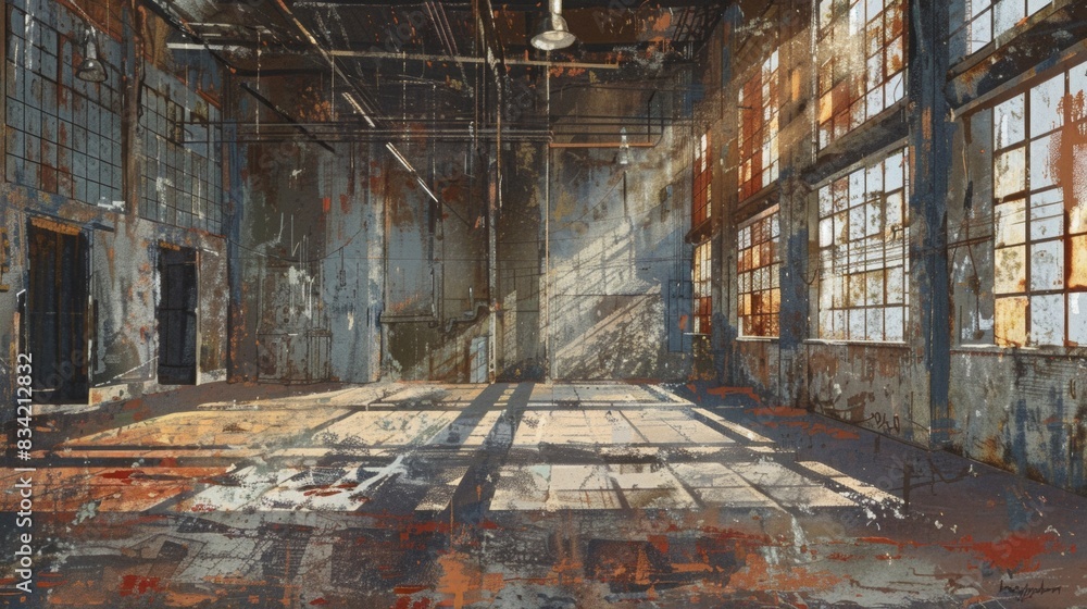 Poster capture a weathered, industrial warehouse from an eye-level angle using a grunge effect in digital r