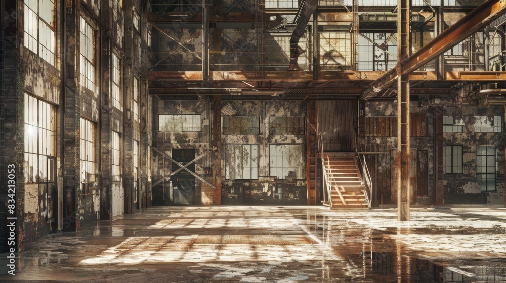 Poster capture a weathered, industrial warehouse from an eye-level angle using a grunge effect in digital r