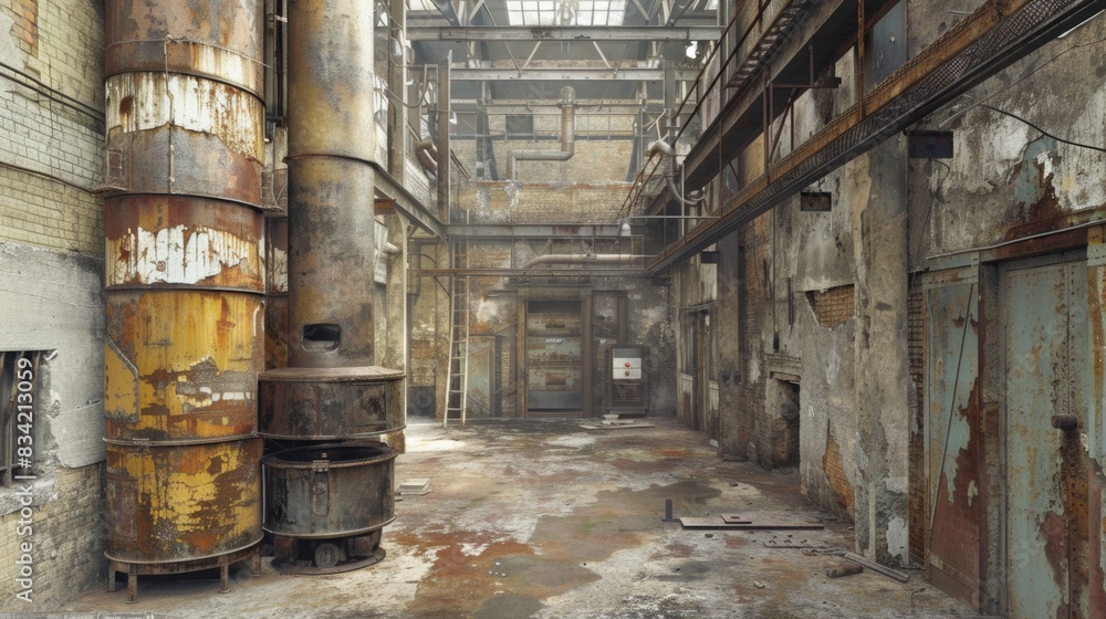 Poster capture a weathered, industrial warehouse from an eye-level angle using a grunge effect in digital r