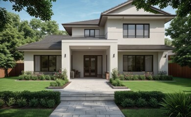 A Contemporary Dwelling with Stylish Architecture, Beautiful Exterior Design, and a Serene Garden Setting. Perfect Family Home in a Residential Neighborhood, Featuring Thoughtful Construction	