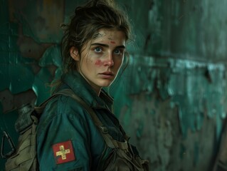 Young Woman in Green Jacket Looks Back in Post-Apocalyptic Setting