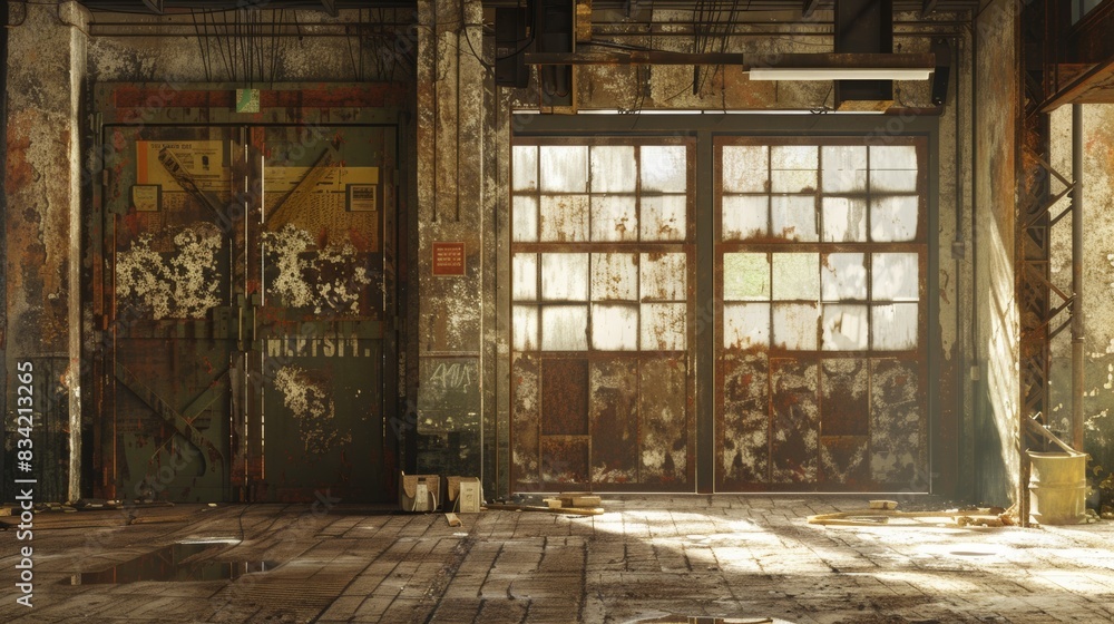 Poster capture a weathered, industrial warehouse from an eye-level angle using a grunge effect in digital r