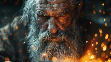 grizzled dwarven blacksmith intensely working with glowing steel, sparks flying