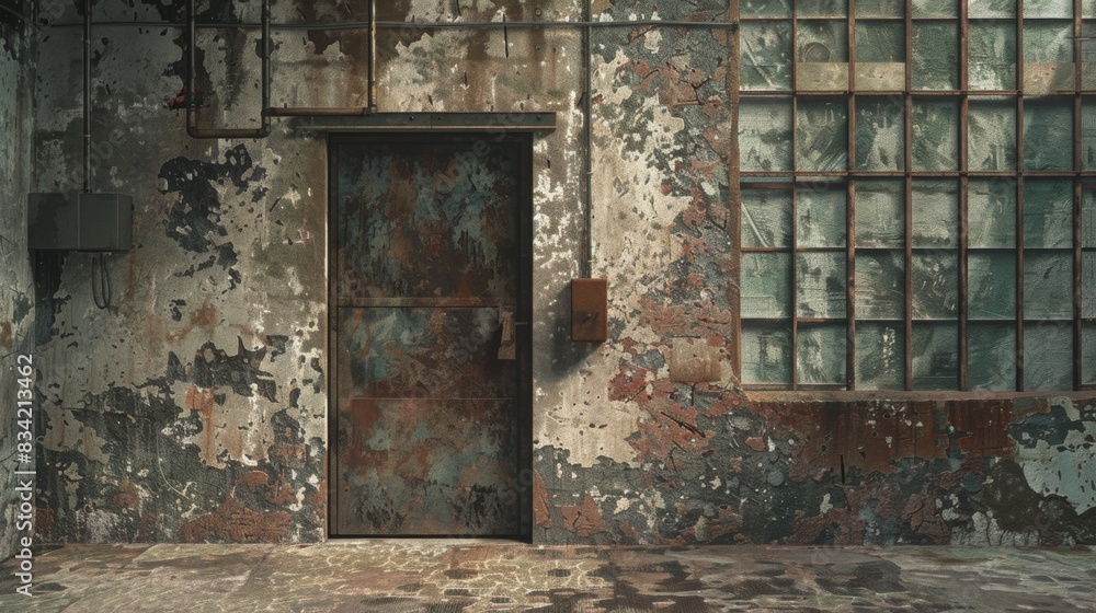 Poster capture a weathered, industrial warehouse from an eye-level angle using a grunge effect in digital r