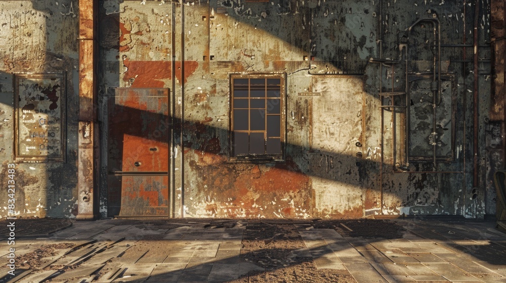 Poster capture a weathered, industrial warehouse from an eye-level angle using a grunge effect in digital r