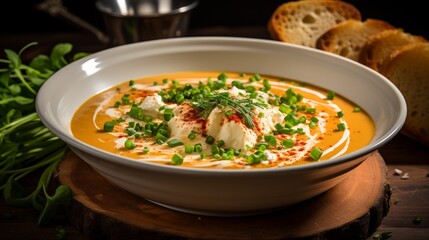 A rich and creamy bowl of lobster bisque garnished with a dollop of sour cream and chives 