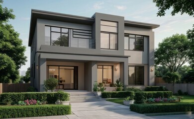 Fototapeta premium A Contemporary Dwelling with Stylish Architecture, Beautiful Exterior Design, and a Serene Garden Setting. Perfect Family Home in a Residential Neighborhood, Featuring Thoughtful Construction 