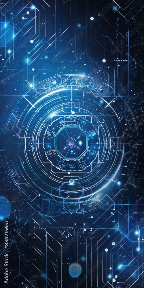 Poster abstract blue technological background featuring intricate circuit designs and glowing elements
