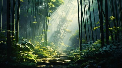 A serene bamboo forest, with sunlight filtering through the tall, slender bamboo stalks, creating a peaceful and ethereal atmosphere 