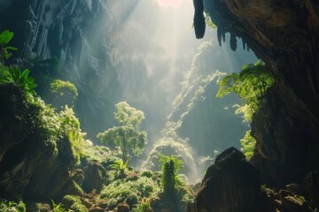 Obraz premium Cave lit by sun rays sunset evening nature exploration travel background rocks cliffs mountains seaside hiking tourist destination adventure spirit geology shiny sunny weather photography wallpaper