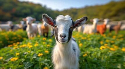 Goats on animal farm grazing on the lawn with agriculture background
