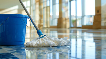 Blue bucket with white floor cloth and cleaning mop on the clean marble flooring in the style of a modern office or hotel hall, stock photo for housekeeper service advertising banner
