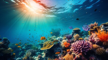 A scuba diver exploring a vibrant coral reef, surrounded by schools of colorful fish and marine life.  