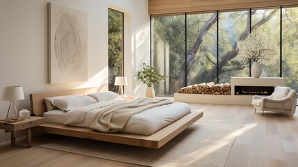A serene bedroom with organic linens, a wooden bed frame, and soft lighting  
