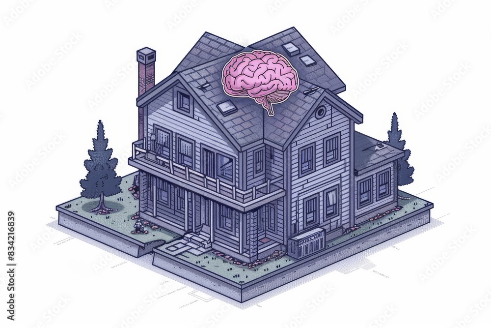 Aufkleber detailed architectural model with brain overlay, merging cognitive science with smart design.