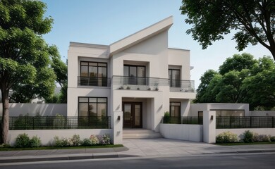 Obraz premium A Contemporary Dwelling with Stylish Architecture, Beautiful Exterior Design, and a Serene Garden Setting. Perfect Family Home in a Residential Neighborhood, Featuring Thoughtful Construction 